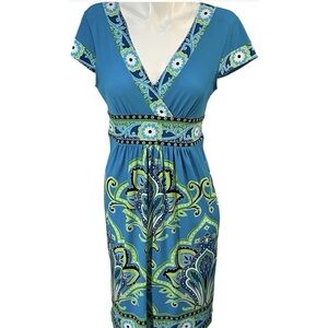 London Style Blue Green Floral Geometric Sheath Dress Womens Size 8